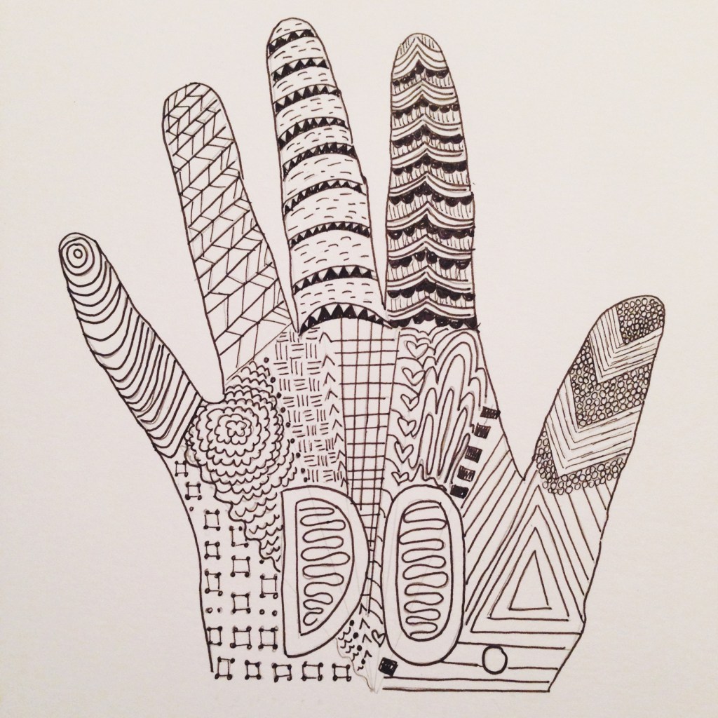 The first thing we're working on is Zentangling, which is soothing in itself. Here's my Zentangle, where I incorporated a whole bunch of different patterns in one shape. 